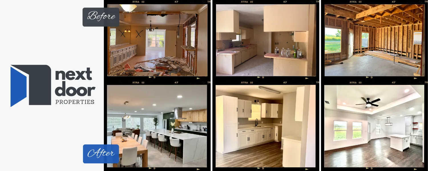 Before and after photographs of kitchens and living rooms renovated by Next Door Properties